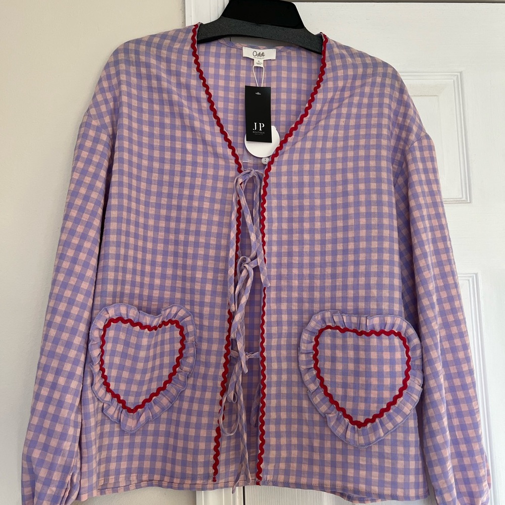 Purple Gingham Cardigan with Heart Pockets